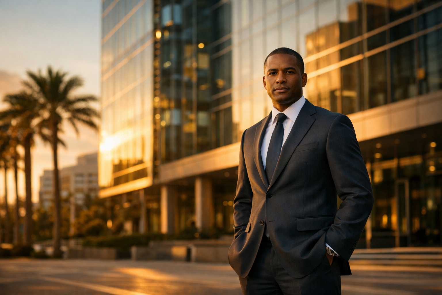 South Florida personal injury attorney standing outside a modern glass office building at sunset