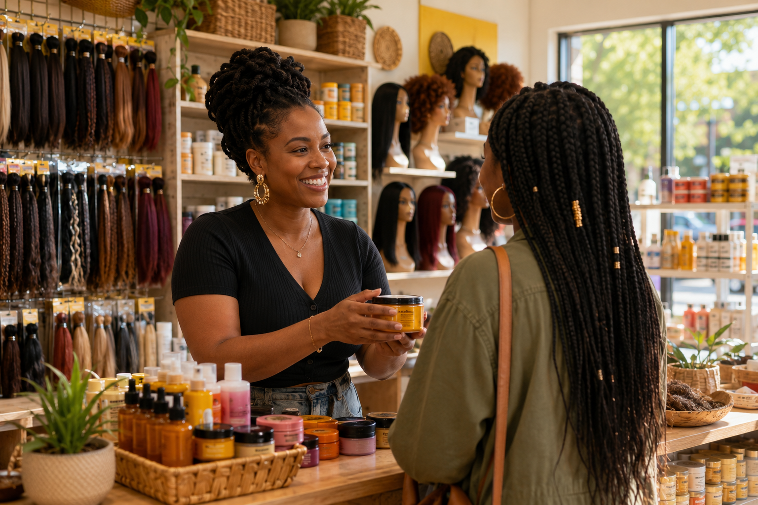 Black-owned beauty supply store in Los Angeles County with shelves of hair care and a friendly owner helping a customer