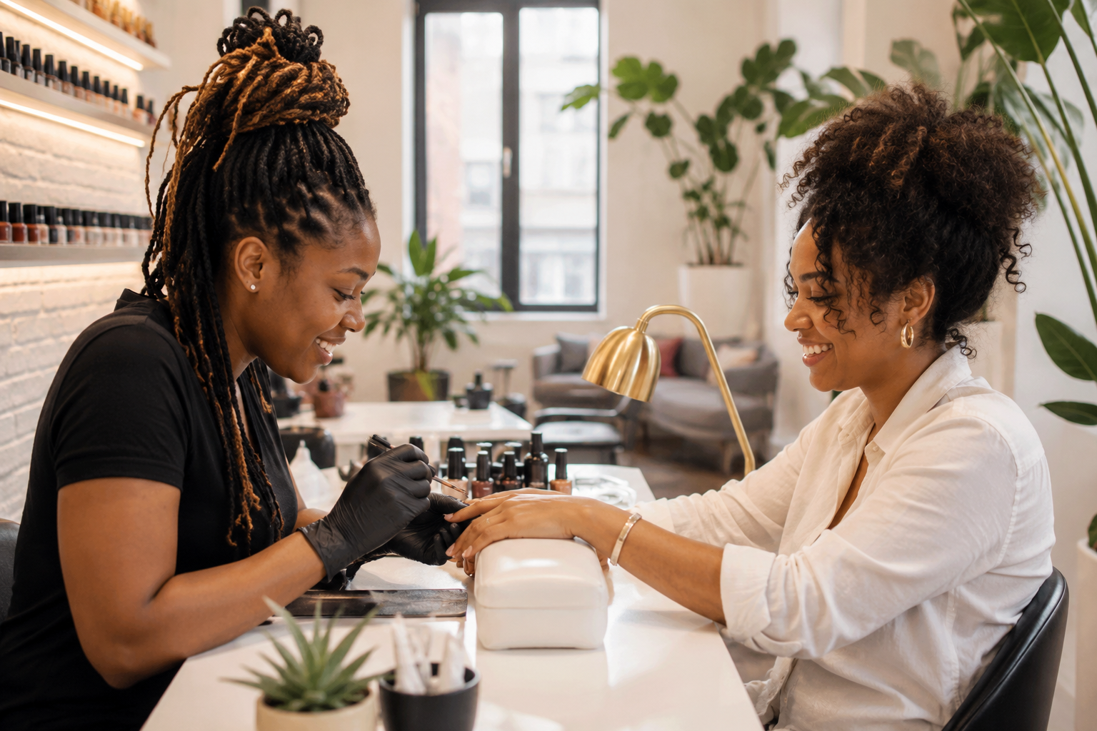 Black-owned nail salon technician painting a client's nails in Brooklyn