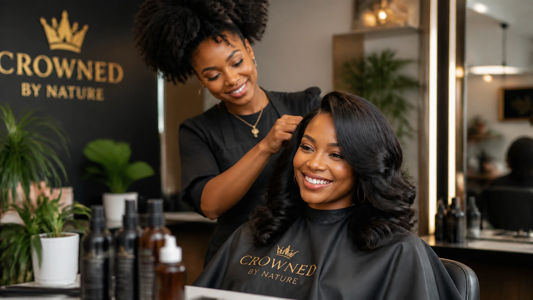 Modern Black-owned hair salon with a warm, empowering atmosphere