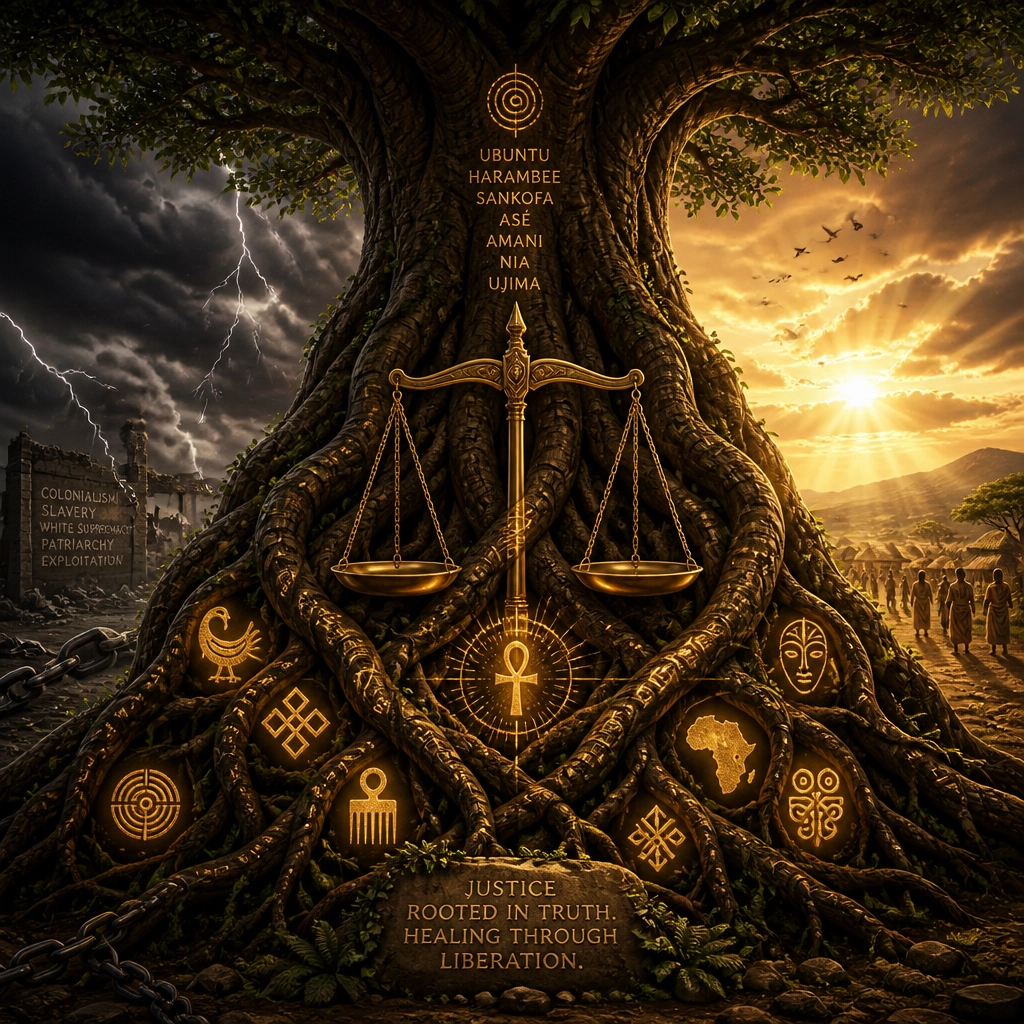 Tree roots wrapping around golden scales (Justice-Rooted Healing).
