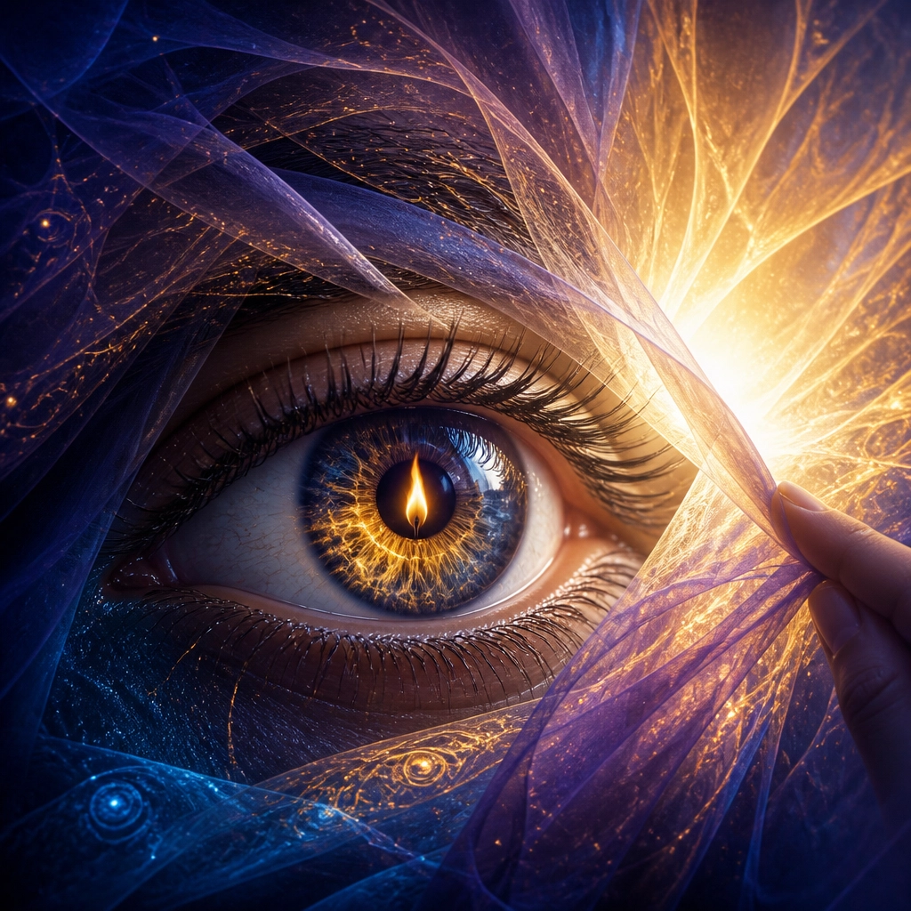 Flame flickering in the pupil of an eye (Insight).