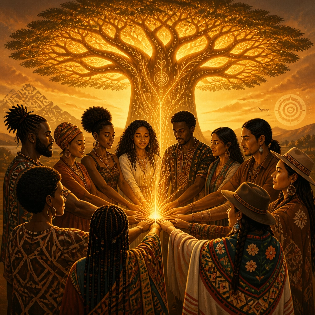 Diverse group in a circle sharing golden light (Inspire).