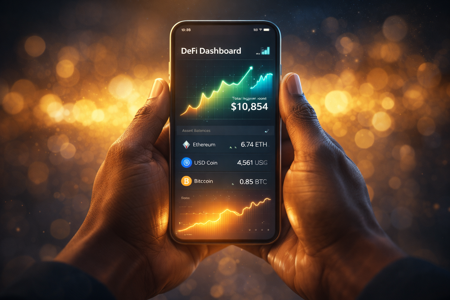 DeFi dashboard with glowing financial data