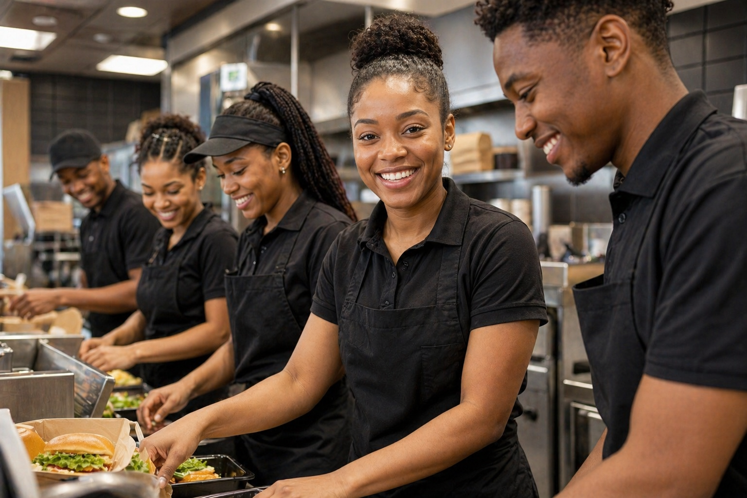 Smiling team in a busy kitchen