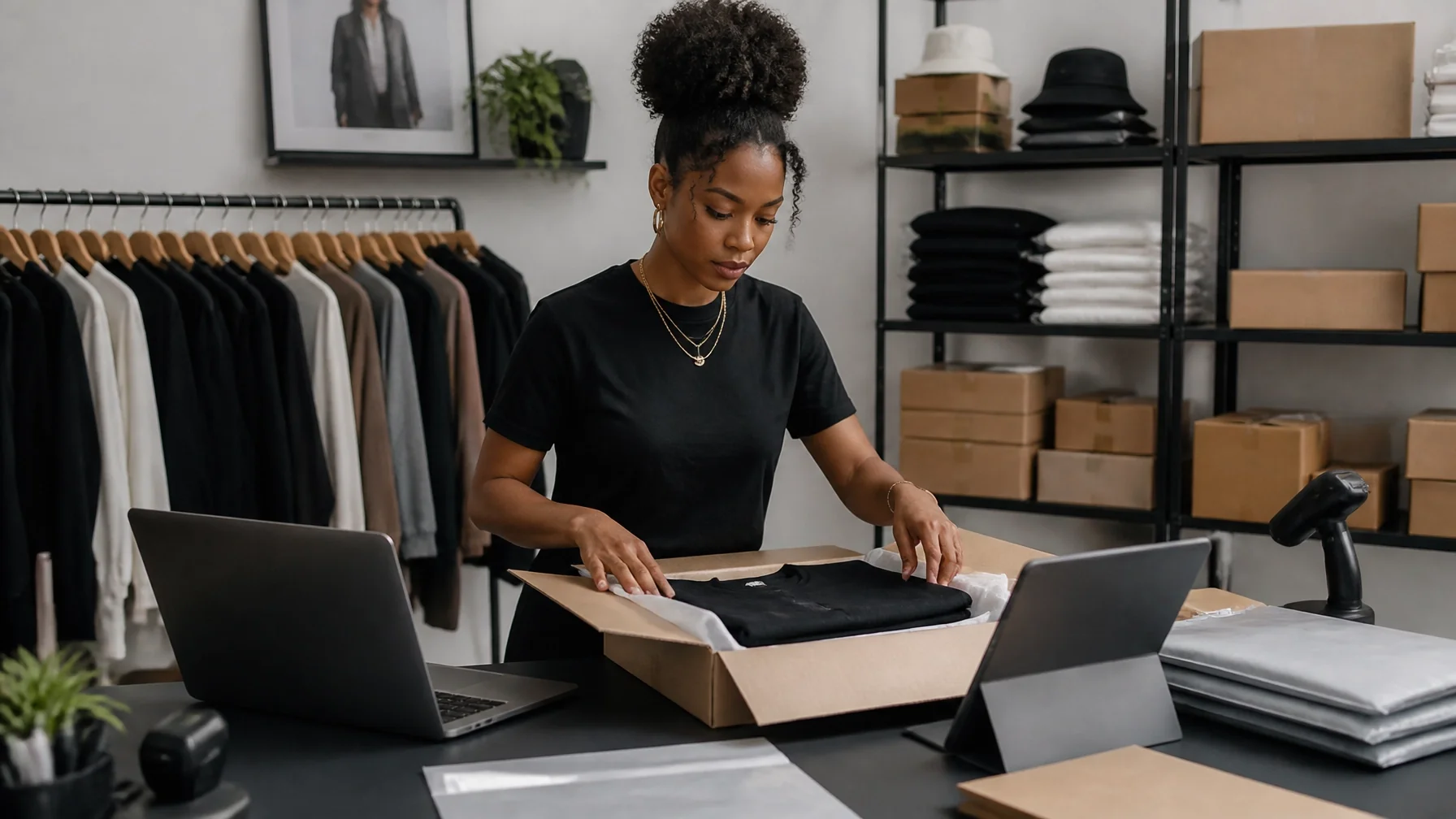 A Black clothing brand owner in a fashion studio using inventory software while managing apparel packaging and fulfillment, representing systems and automation for scaling