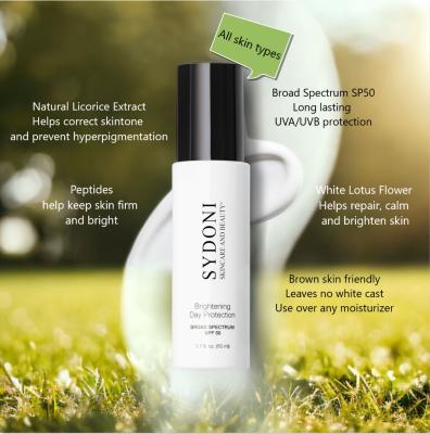 Sunscreen moisturizer with broad spectrum SPF 50 and Licorice Root Extract to help lighten dark spots and prevent future discoloration. Will not leave a white residue on skin.