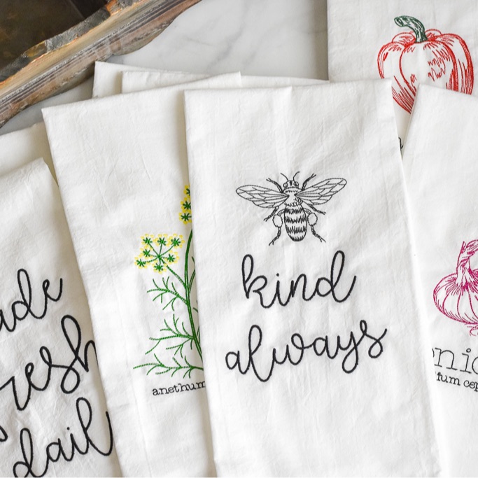 Flour Sack Embroidered Bee Tea Towel