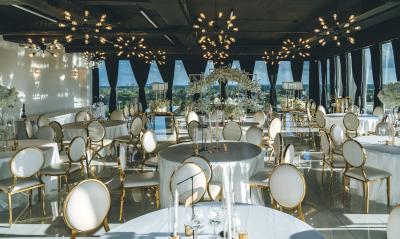 Reception venue photographed during Evangeline and Michael’s New Orleans skyline wedding celebration.