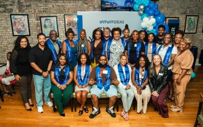 Group portrait of Intuit IDEAS 3.0 graduates celebrating together at their New Orleans graduation event.