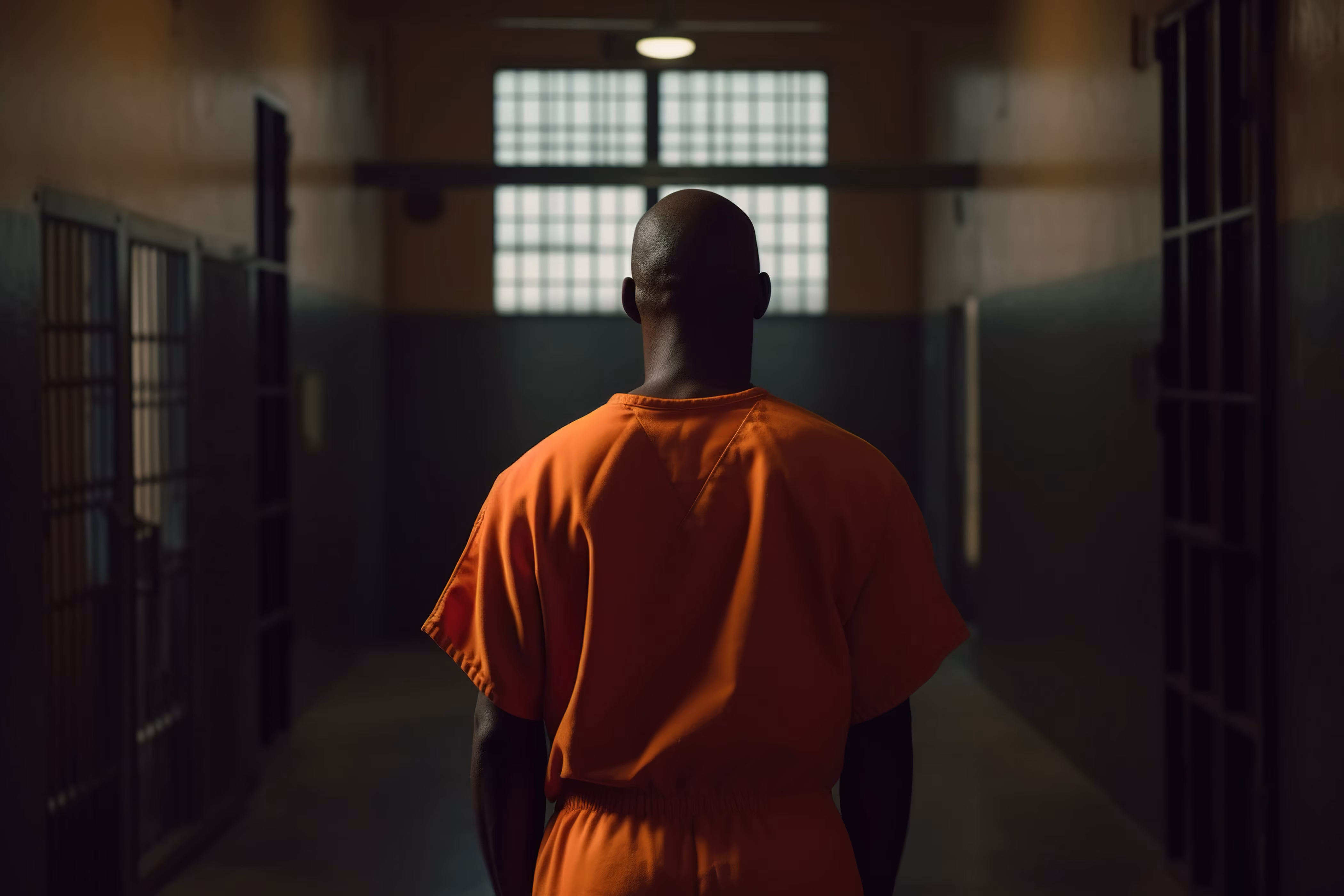 A person in an orange uniform in a hallwayDescription automatically generated