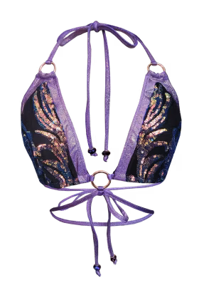 Everyone loves a Triangle Bra! But we added some bling and ring details to it. Adjustable straps and waist strap. Full Lining .