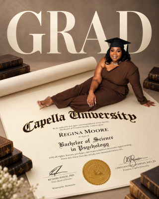 Artistic graduation portrait of Regina Moore featuring a diploma overlay commemorating her academic accomplishment.