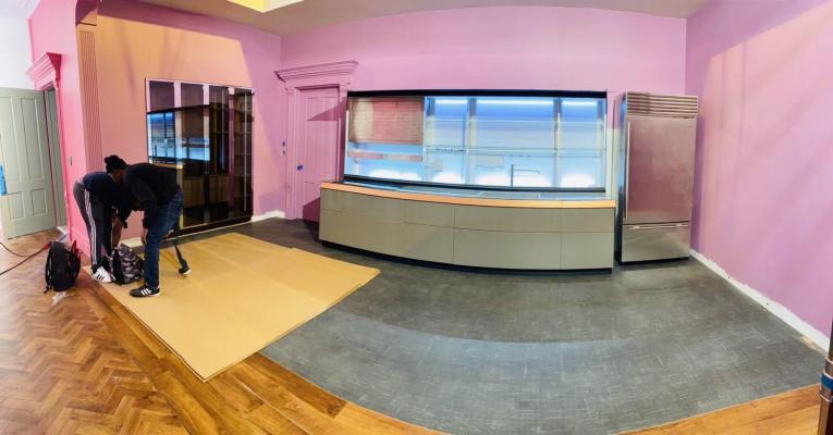Installation  & assembly all glass kitchen and China cabinet—on an Universal Studios Film set
