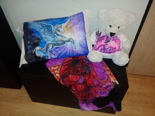 Pillowcase, Stuffed Bear w/ T-shirt design, Airbrush Shirt Design