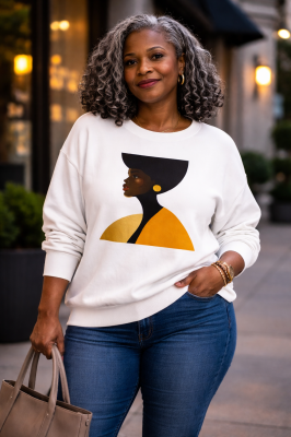 A comfortable statement sweatshirt featuring modern Black woman artwork designed to celebrate confidence, culture, and feminine strength.