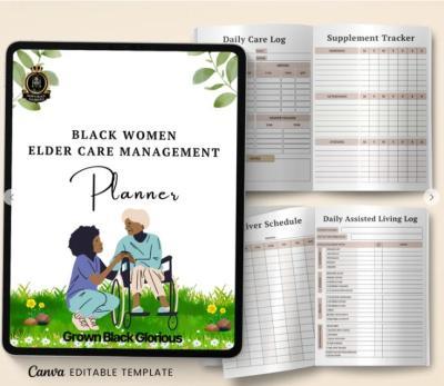A guided wellness planner designed to help Black women organize routines for their elderly relatives and sellf-care.