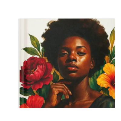 An elegant Black woman art surrounded by bold florals journal, created for and culturally inspired by black women.