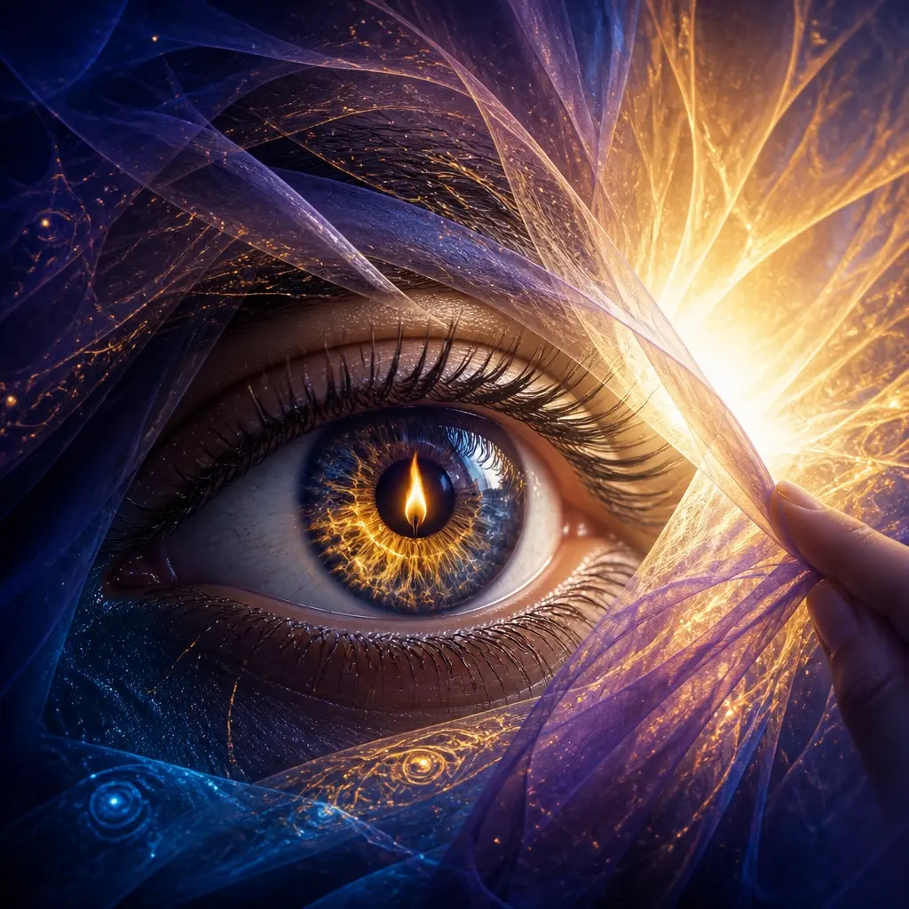 Flame flickering in the pupil of an eye (Insight).