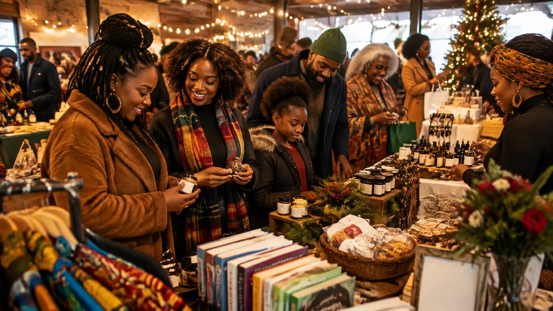 friends shopping at a holiday marketplace